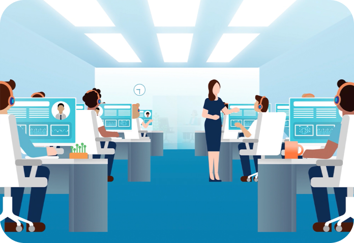 Illustration of a customer service team using Sweeper software to monitor data quality and compliance in a modern office.